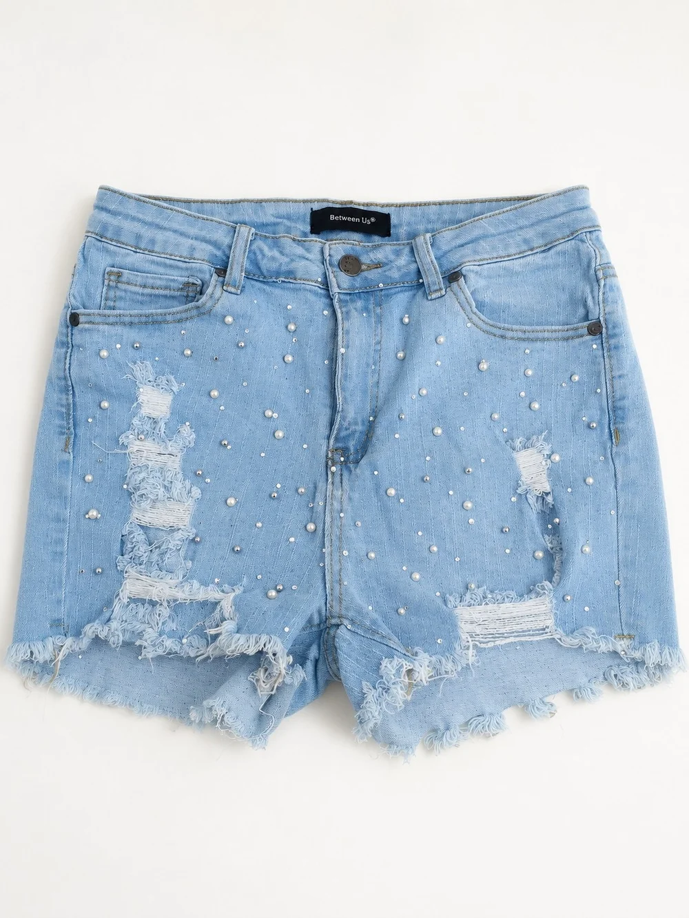 Between Us Distressed Pearl Embellished Denim Shorts Light Wash Frayed Hem Women